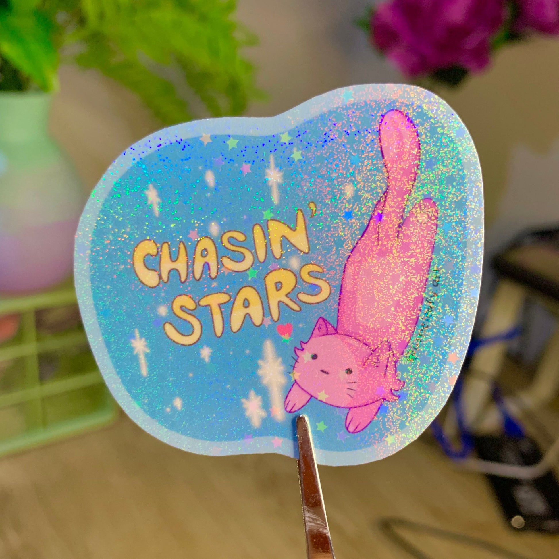 Sticker with 'Chasin' Stars' text and a pink cat illustration held by scissors.